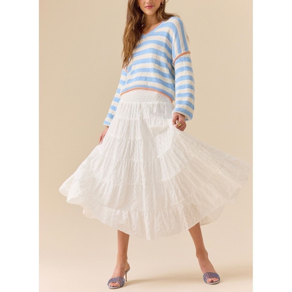 Altar'd State White Eyelet Tiered Midi Skirt Smocked Waist Flowy Size 3XL